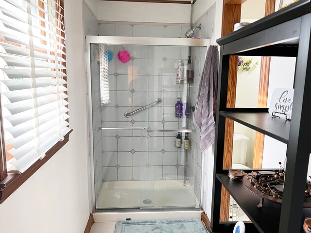 bathroom featuring a shower with shower door