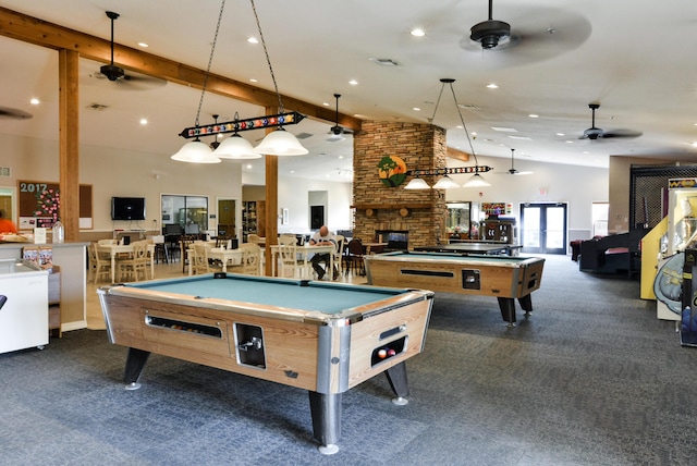813 Holiday Rdg Unit 6, Branson, MO 65616 - playroom with ceiling fan, dark carpet, billiards, and high vaulted ceiling
