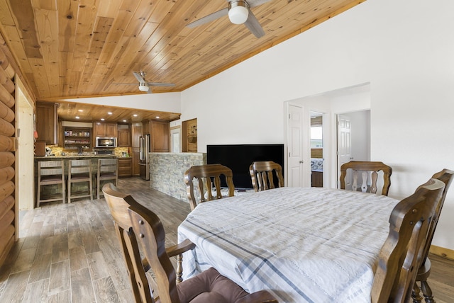 dining space featuring high vaulted ceiling, ceiling fan, dark wood-type flooring, and wooden ceiling