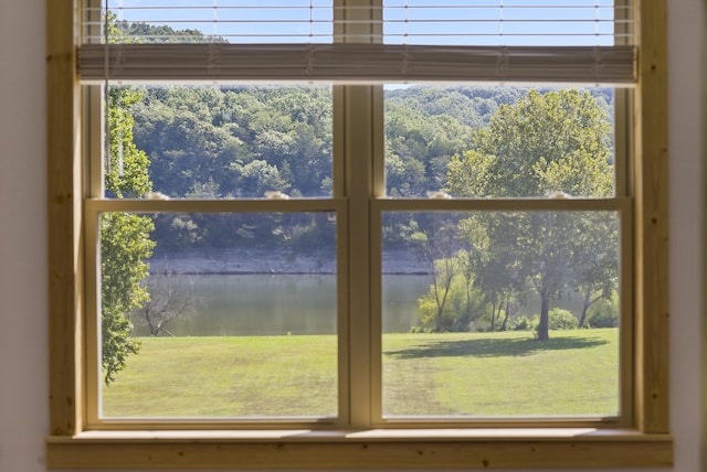 interior details with a water view