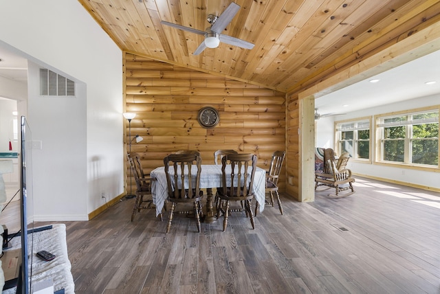 dining room with dark hardwood / wood-style floors, wood ceiling, vaulted ceiling, and rustic walls