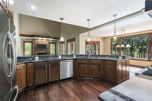 kitchen featuring stainless steel appliances, decorative light fixtures, and a wealth of natural light