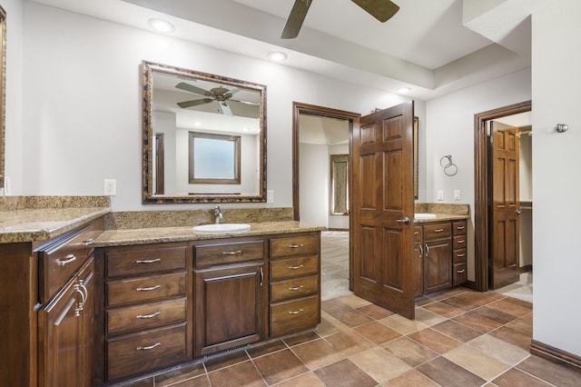 bathroom featuring a ceiling fan, vanity, and recessed lighting