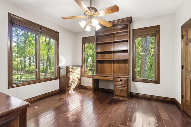 unfurnished office featuring ceiling fan, dark hardwood / wood-style floors, and a wealth of natural light