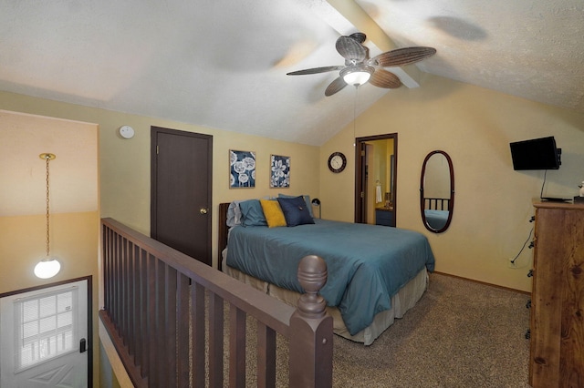 carpeted bedroom featuring ceiling fan and vaulted ceiling with beams