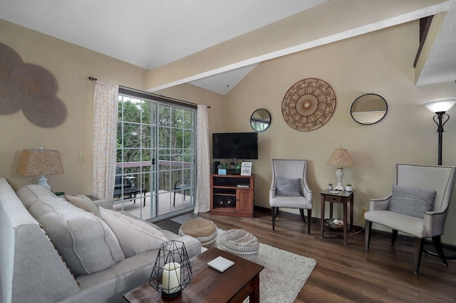 living room with vaulted ceiling with beams and dark hardwood / wood-style flooring