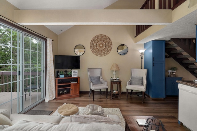 living room with lofted ceiling and dark hardwood / wood-style flooring