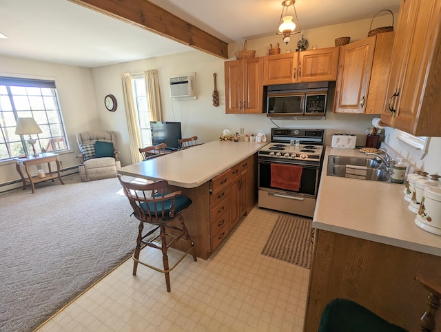 kitchen with range, light carpet, sink, kitchen peninsula, and beam ceiling