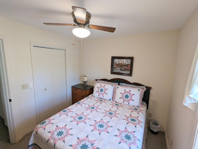 bedroom featuring ceiling fan, carpet floors, and a closet