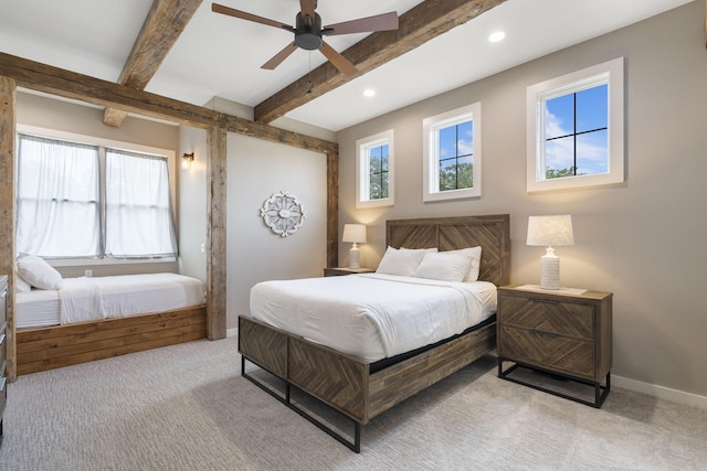 395 Tracy St, Branson, MO 65616 - bedroom featuring beamed ceiling, baseboards, light colored carpet, and recessed lighting