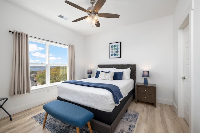 bedroom featuring ceiling fan and light wood-type flooring