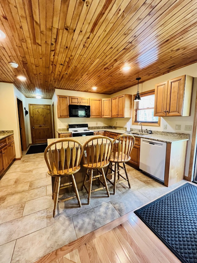 kitchen with a sink, dishwashing machine, black microwave, wooden ceiling, and electric stove