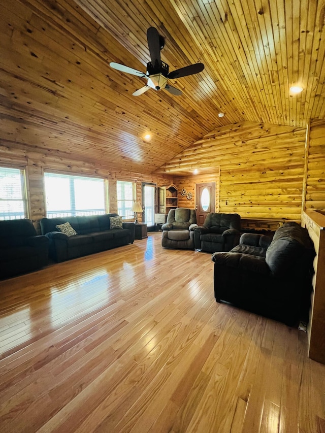 living room featuring a ceiling fan, wooden ceiling, lofted ceiling, log walls, and wood-type flooring