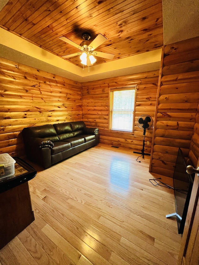 living room with wood ceiling, ceiling fan, log walls, and hardwood / wood-style floors