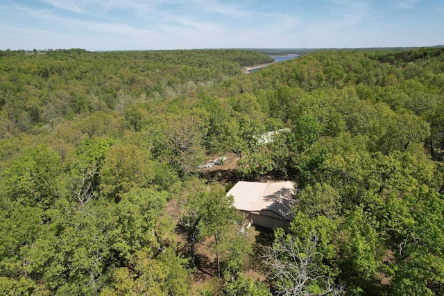 bird's eye view with a wooded view