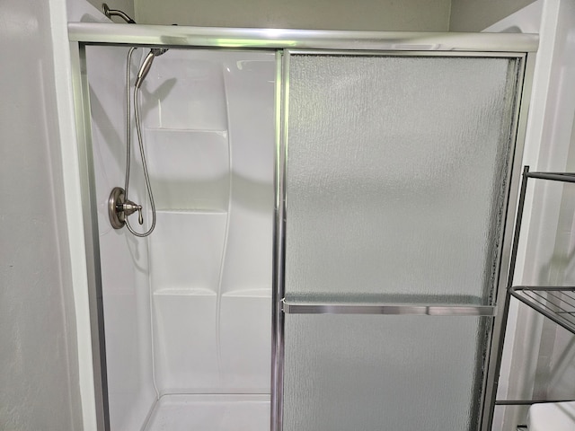 bathroom featuring a shower with door