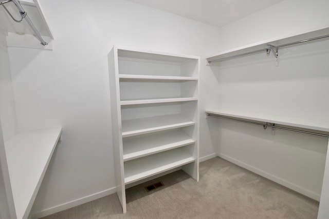 spacious closet featuring light colored carpet