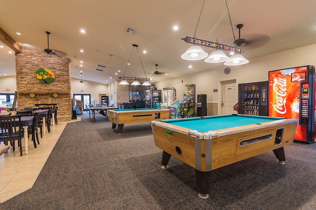 playroom featuring pool table, carpet flooring, a fireplace, and vaulted ceiling