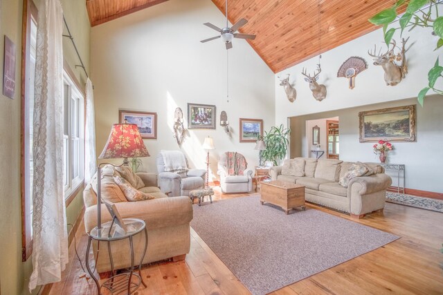 living room with hardwood / wood-style flooring, high vaulted ceiling, wooden ceiling, and ceiling fan