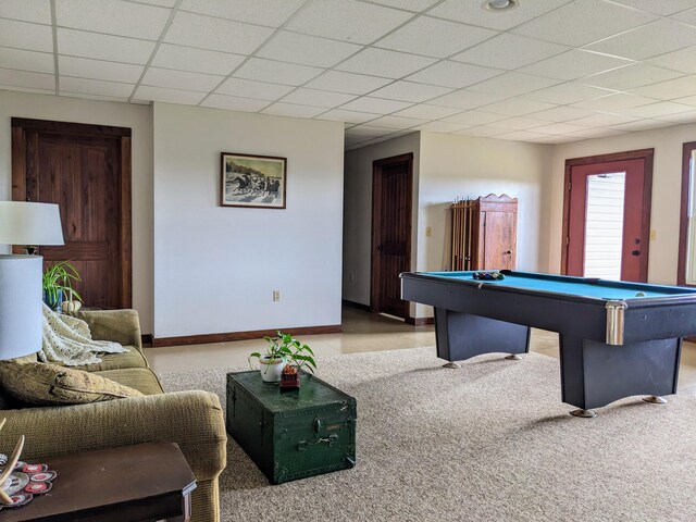 playroom with a drop ceiling and pool table