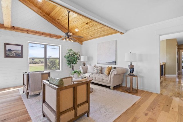 living room with light hardwood / wood-style floors, wooden ceiling, vaulted ceiling with beams, and ceiling fan