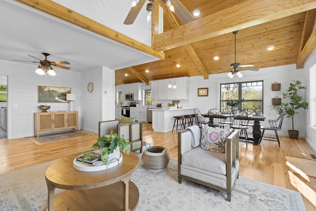 living room with wood ceiling, vaulted ceiling with beams, light wood-type flooring, and ceiling fan