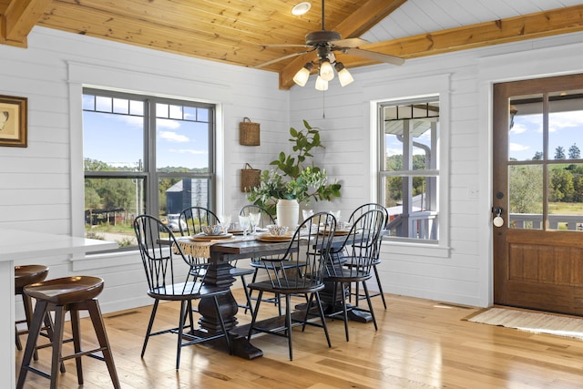 dining space featuring ceiling fan, light hardwood / wood-style flooring, beam ceiling, and wooden ceiling