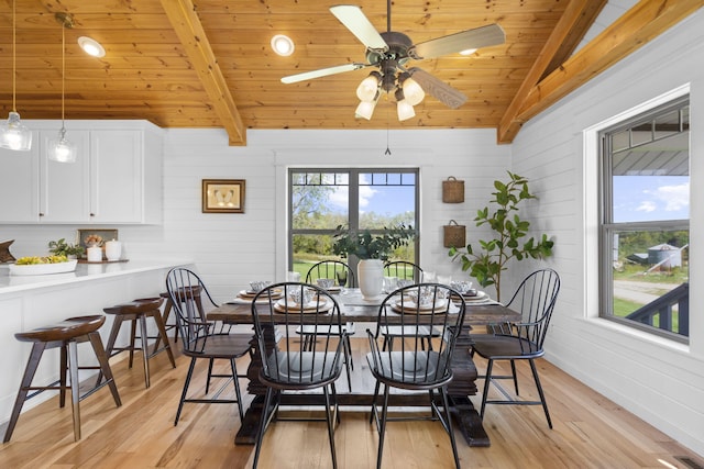 dining space featuring ceiling fan, wood ceiling, lofted ceiling with beams, and light hardwood / wood-style floors