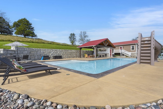 view of swimming pool with a patio