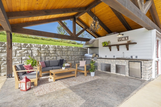 view of patio / terrace with sink, outdoor lounge area, grilling area, a gazebo, and exterior kitchen