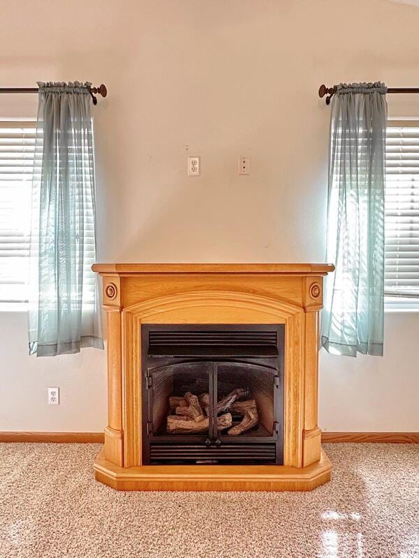room details with a fireplace, carpet flooring, and baseboards