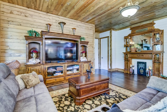 living room featuring wood ceiling, wood walls, and dark wood-type flooring