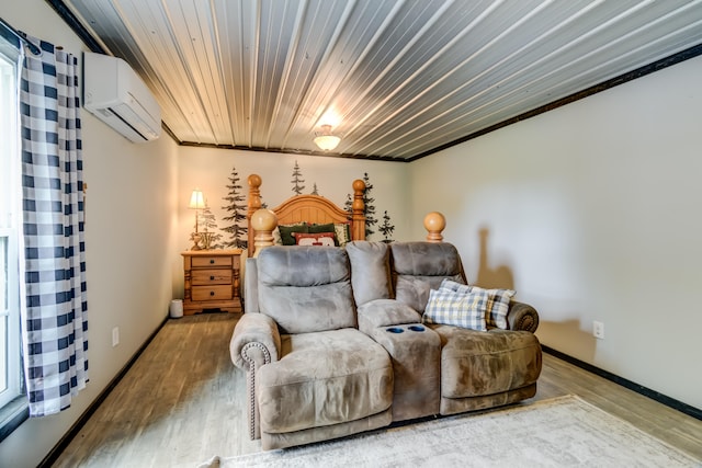 interior space featuring ornamental molding, a wall mounted air conditioner, hardwood / wood-style floors, and wooden ceiling