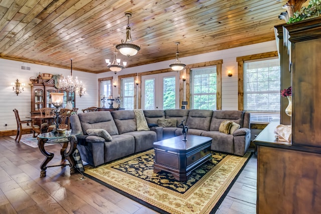 living room featuring wood walls, wooden ceiling, hardwood / wood-style floors, and a chandelier