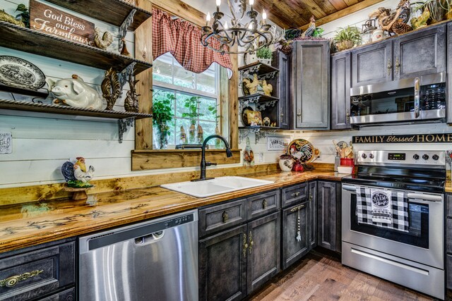 kitchen with wooden ceiling, a notable chandelier, sink, stainless steel appliances, and hardwood / wood-style flooring