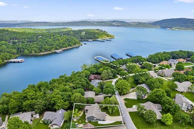 aerial view featuring a water and mountain view