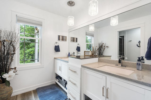 bathroom featuring hardwood / wood-style floors, vanity, and a wealth of natural light