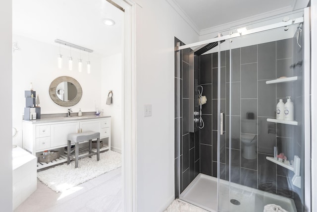 bathroom featuring vanity, toilet, walk in shower, and ornamental molding