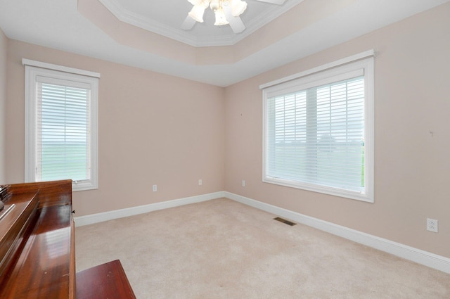 carpeted empty room with crown molding, ceiling fan, and a raised ceiling