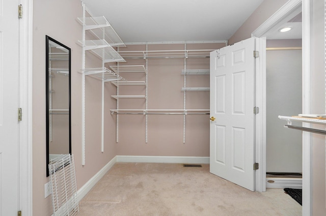 spacious closet featuring light colored carpet