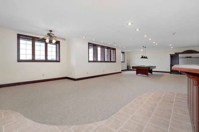 playroom featuring ceiling fan, light colored carpet, and billiards