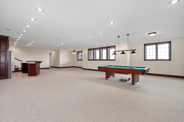 recreation room featuring ceiling fan, light colored carpet, and pool table