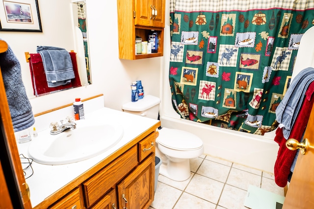 full bathroom with vanity, tile patterned flooring, toilet, and shower / bathtub combination with curtain