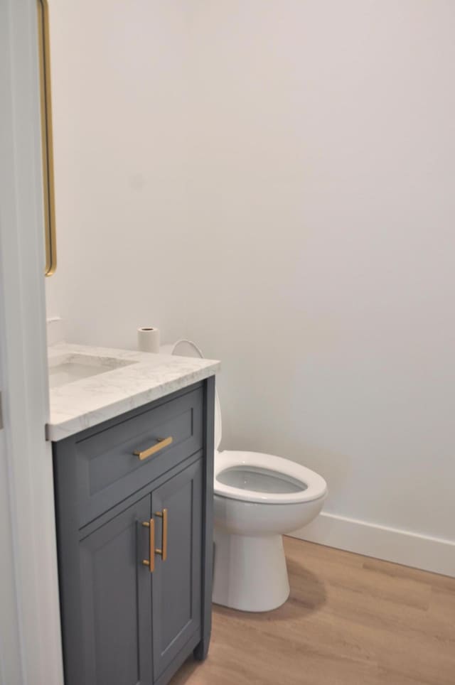 bathroom featuring vanity, wood-type flooring, and toilet