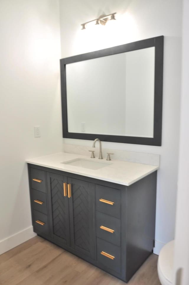 bathroom with vanity, hardwood / wood-style flooring, and toilet