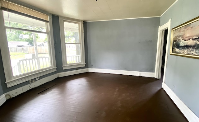 spare room with crown molding and dark hardwood / wood-style floors