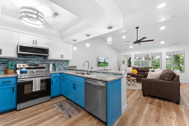 kitchen with light hardwood / wood-style flooring, sink, stainless steel appliances, and blue cabinetry