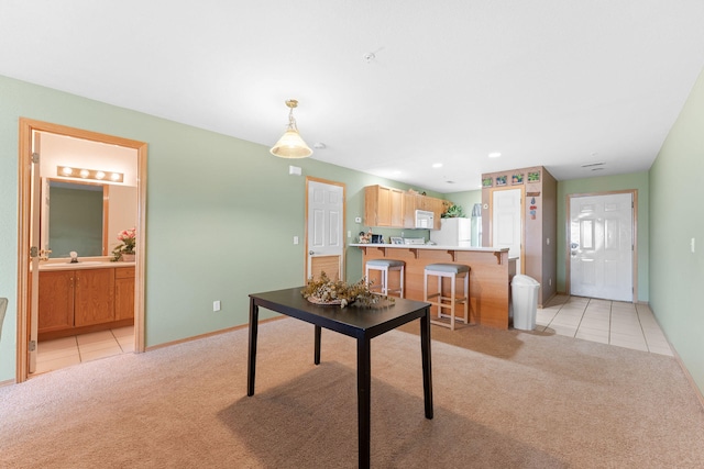 rec room with light carpet and sink