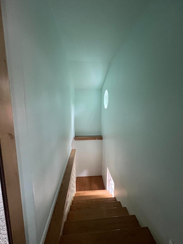 staircase featuring lofted ceiling and wood-type flooring