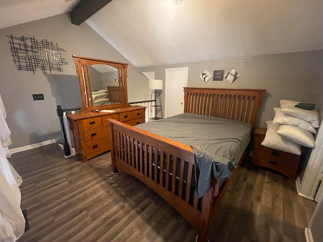 bedroom featuring vaulted ceiling with beams and dark wood-type flooring